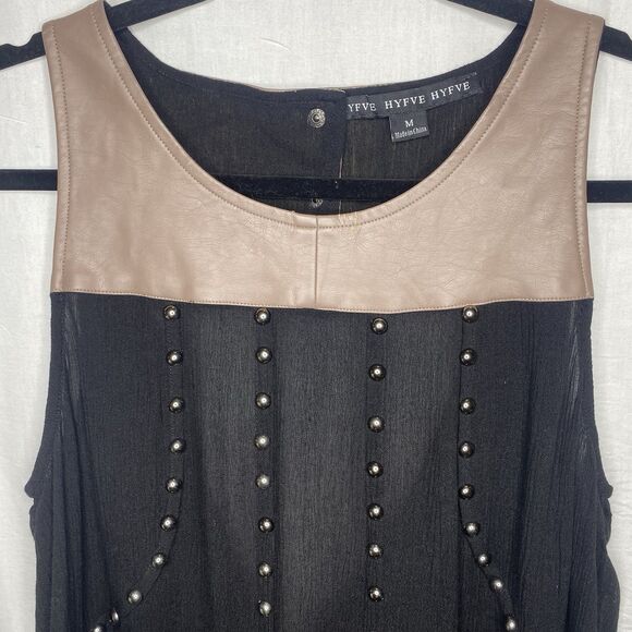 HYFVE Blouse Sleeveless Faux Leather Sheer Studded Open Back Womens M Black Tan - Picture 2 of 12